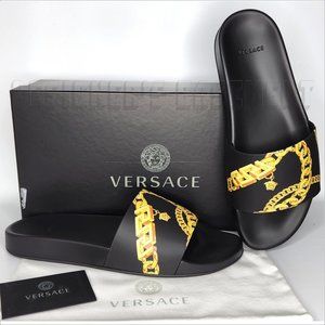 VERSACE mens 45EU - 12US black & gold CHAIN Medusa head FLIP-FLOP slide sandals